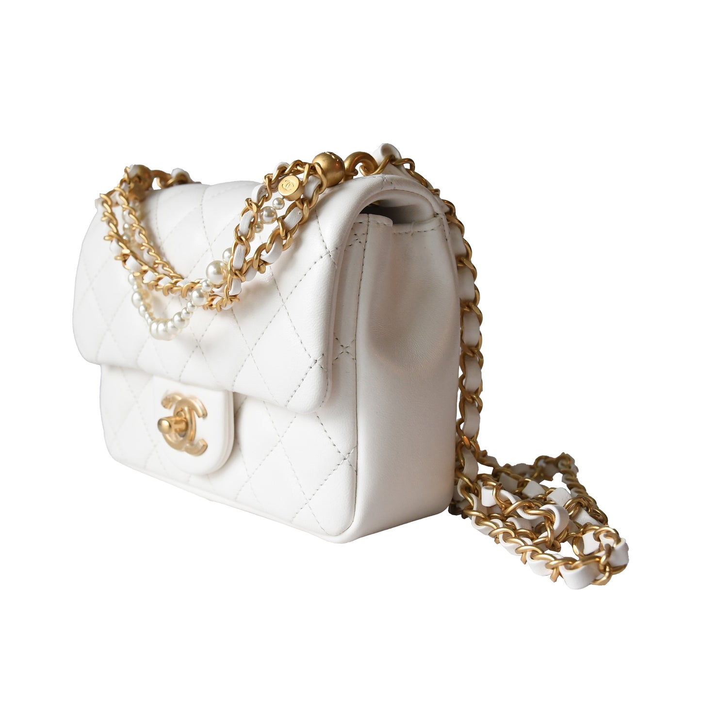 Chanel Shiny Lambskin Quilted Pearl Twist Square Flap Bag Gold Hardware White - NOBLEMARS