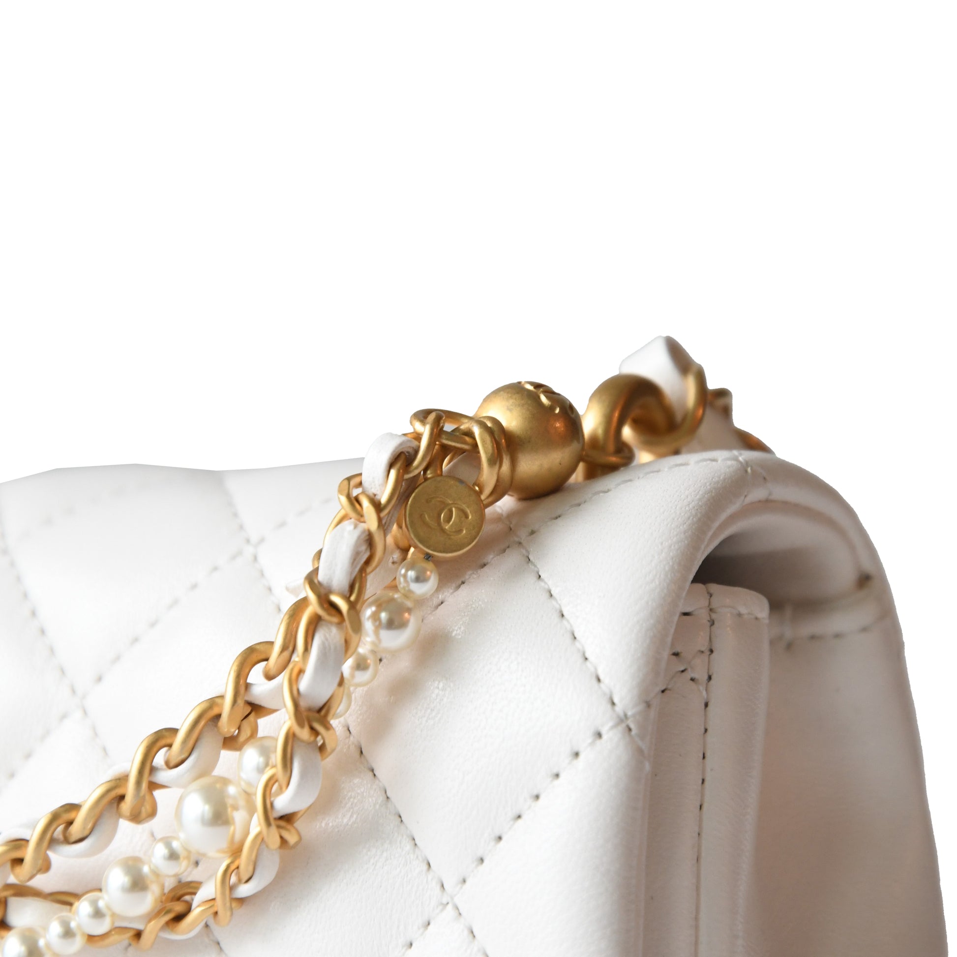 Chanel Shiny Lambskin Quilted Pearl Twist Square Flap Bag Gold Hardware White - NOBLEMARS