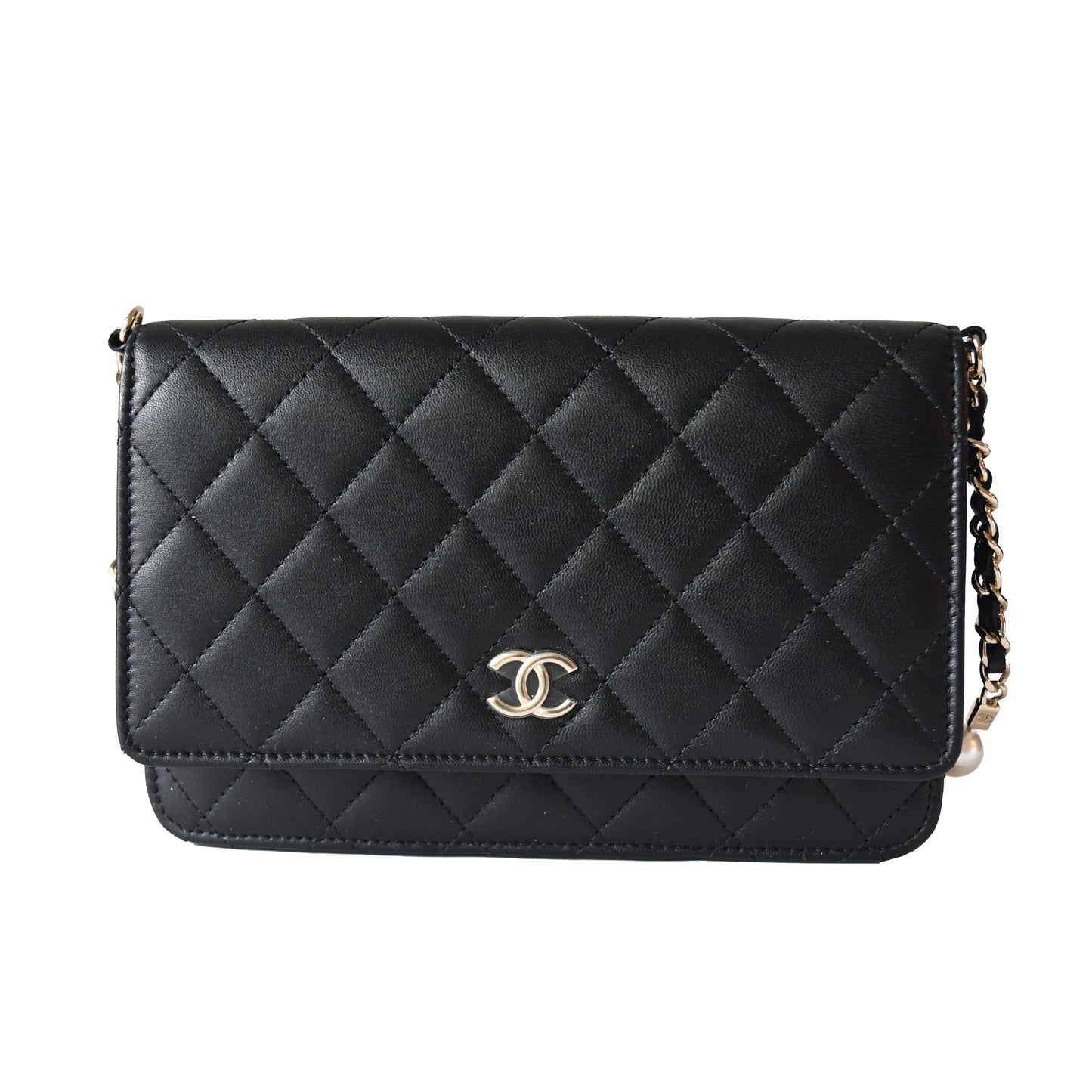 Chanel Lambskin Quilted Pearl Wallet On Chain WOC Black - NOBLEMARS