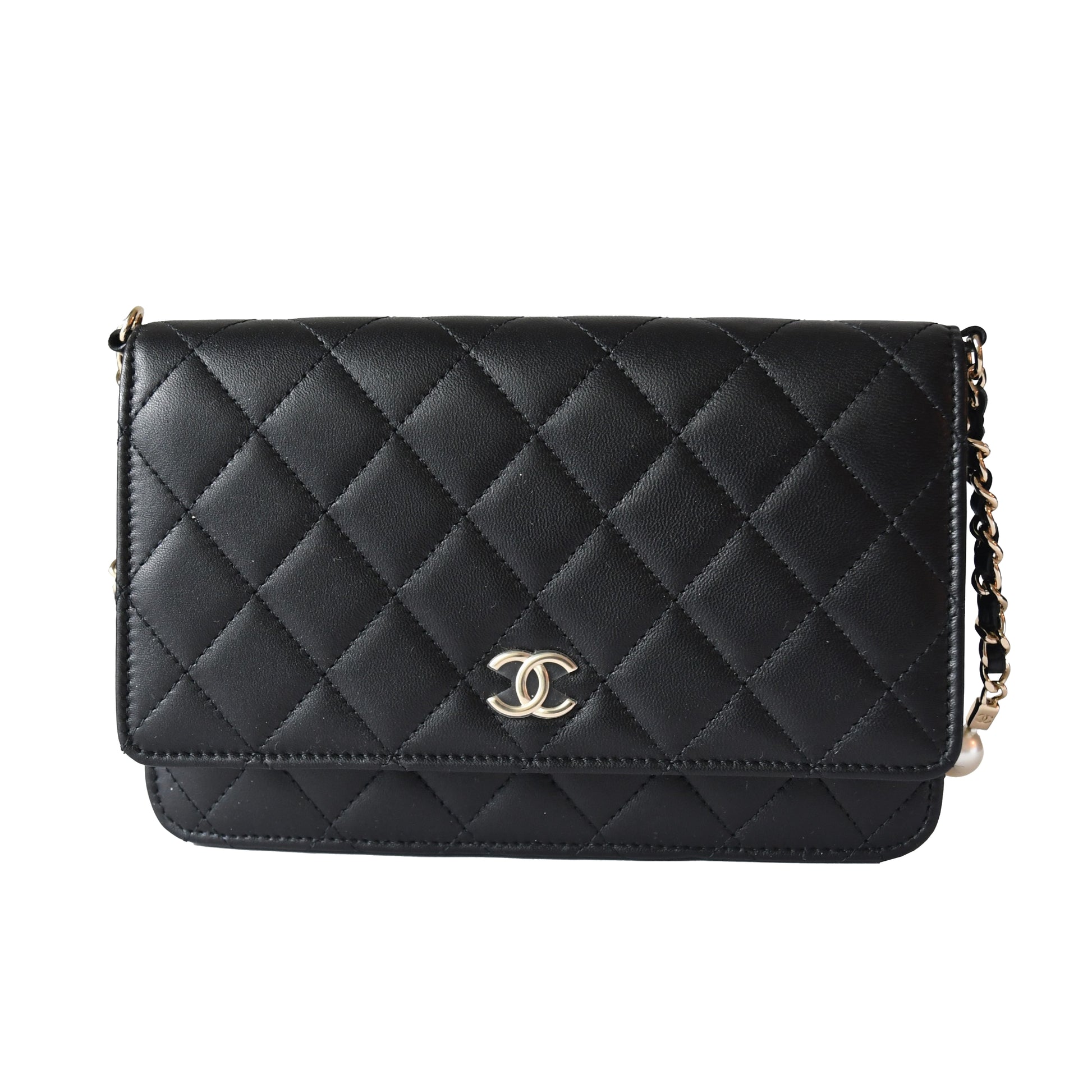 Chanel Lambskin Quilted Pearl Wallet On Chain WOC Black - NOBLEMARS