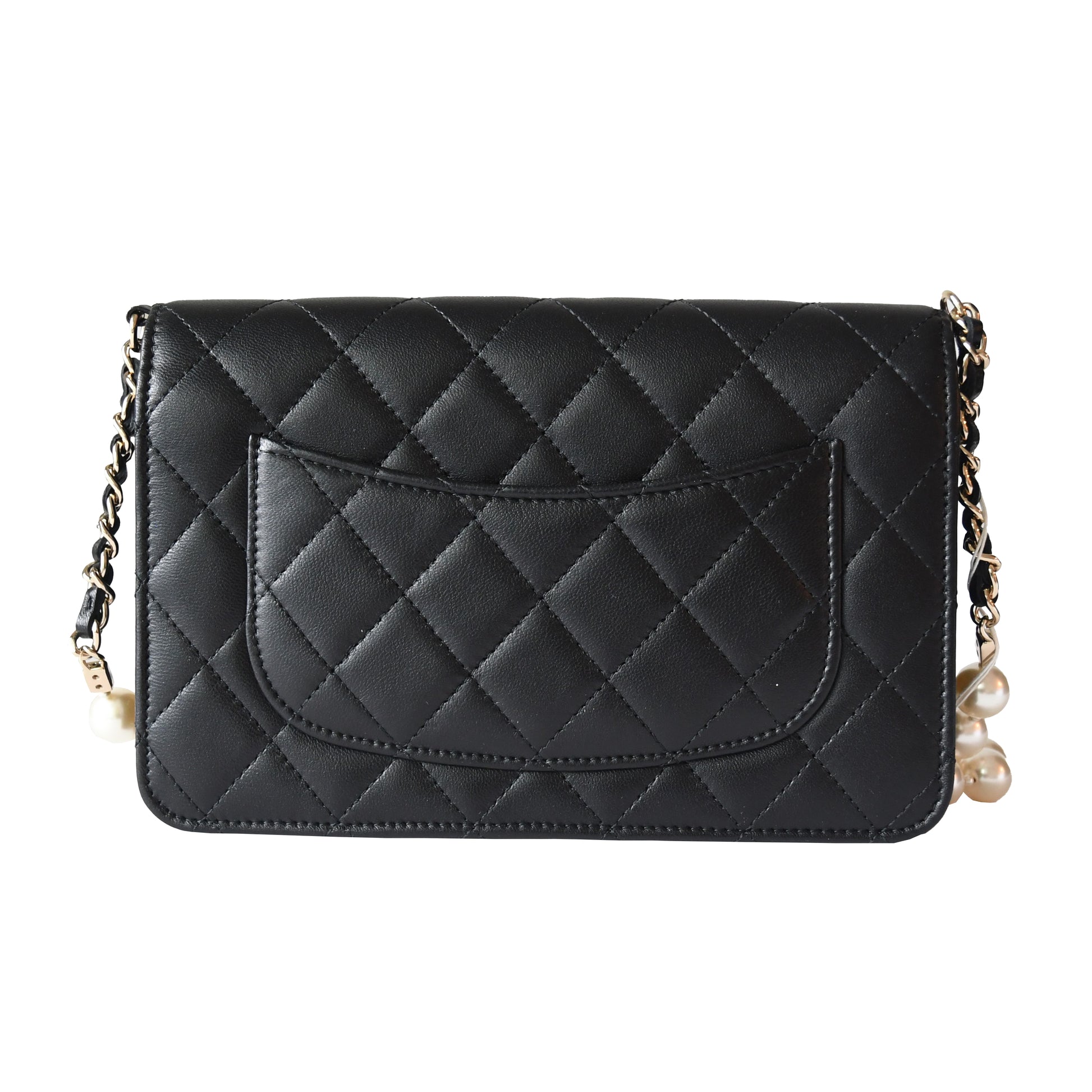 Chanel Lambskin Quilted Pearl Wallet On Chain WOC Black - NOBLEMARS