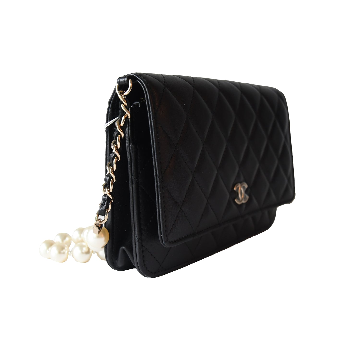 Chanel Lambskin Quilted Pearl Wallet On Chain WOC Black - NOBLEMARS