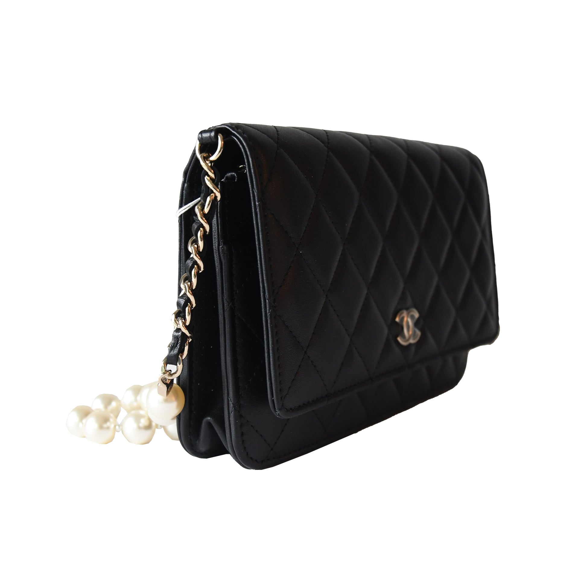 Chanel Lambskin Quilted Pearl Wallet On Chain WOC Black - NOBLEMARS