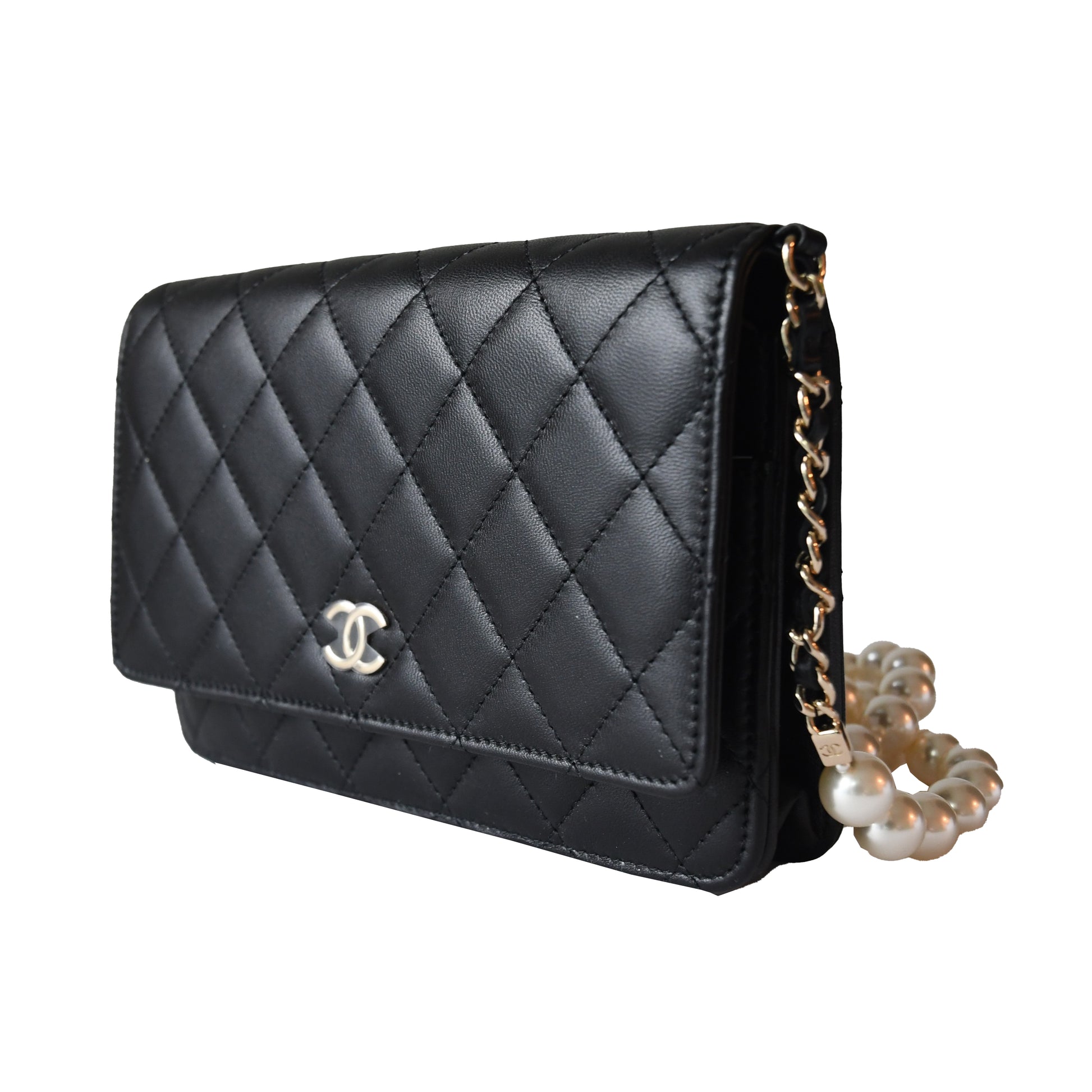 Chanel Lambskin Quilted Pearl Wallet On Chain WOC Black - NOBLEMARS