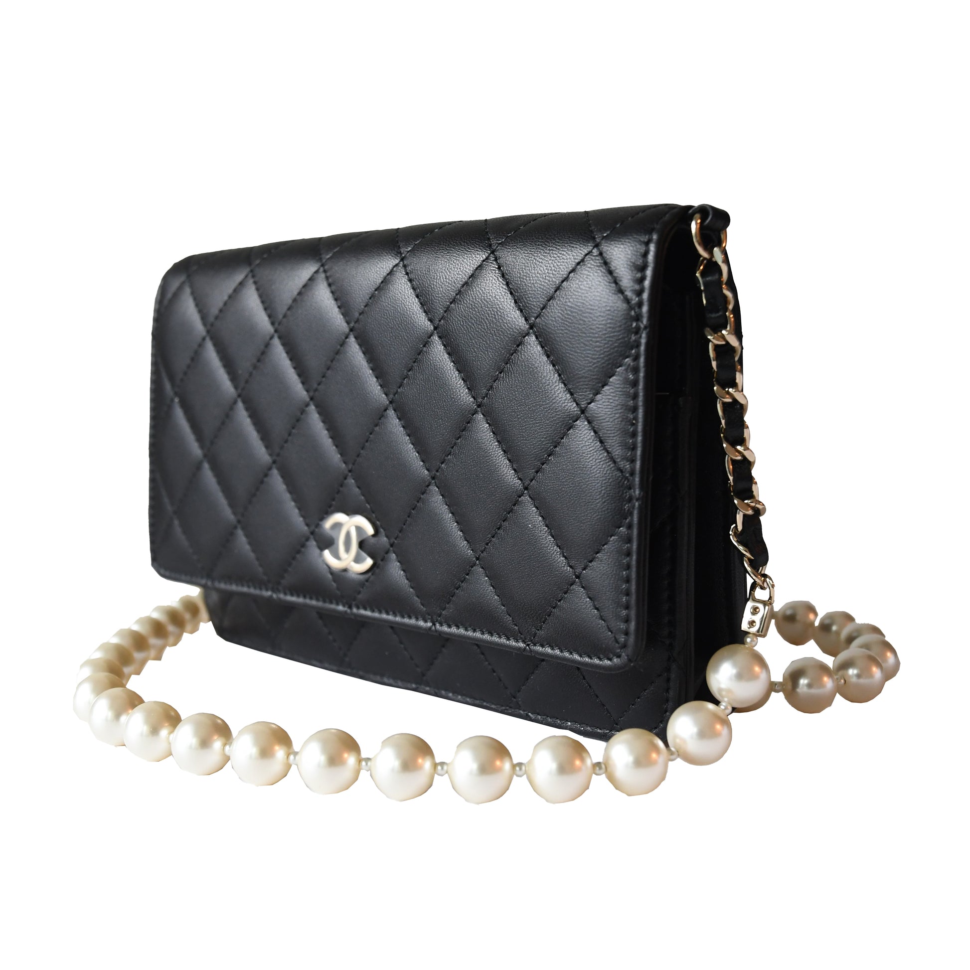 Chanel Lambskin Quilted Pearl Wallet On Chain WOC Black - NOBLEMARS