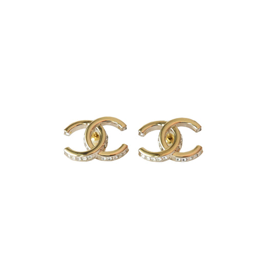 Chanel 23B CC Studs Earrings Side Crystal Strass Light Gold-NOBLEMARS