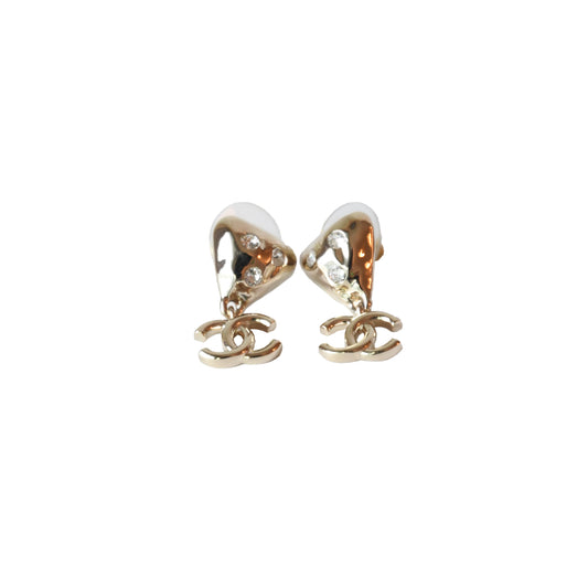 Chanel 24B Crystal Strass Heart With CC Logo Drop Earring Gold-NOBLEMARS