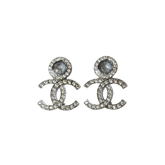 Chanel 23B CC Stud Grey Crystal Strass Earrings Sliver-NOBLEMARS