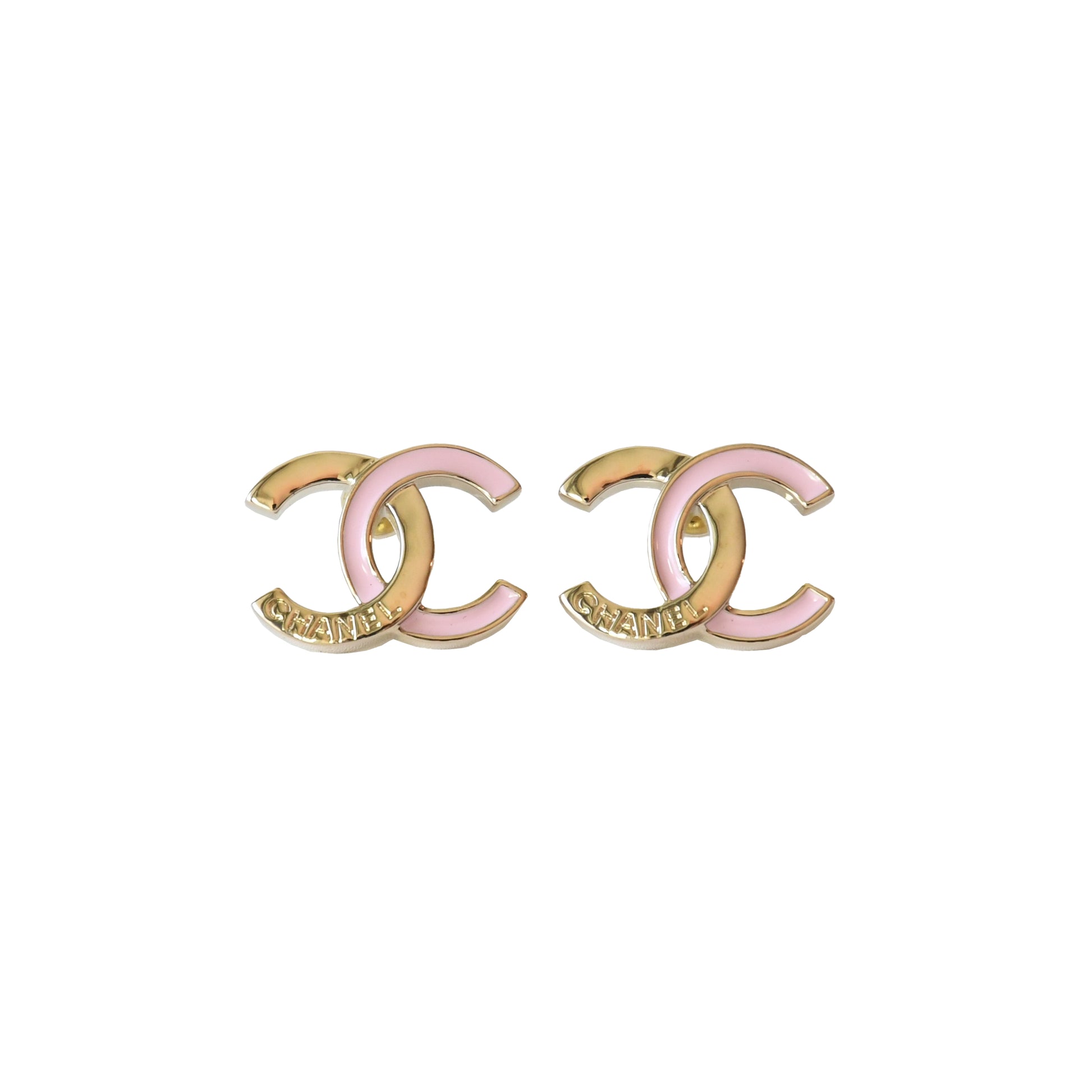 Chanel CC Stud Earrings Engraved Pink Enamel Gold-NOBLEMARS