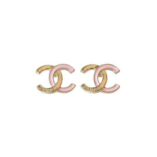 Chanel CC Stud Earrings Engraved Pink Enamel Gold-NOBLEMARS