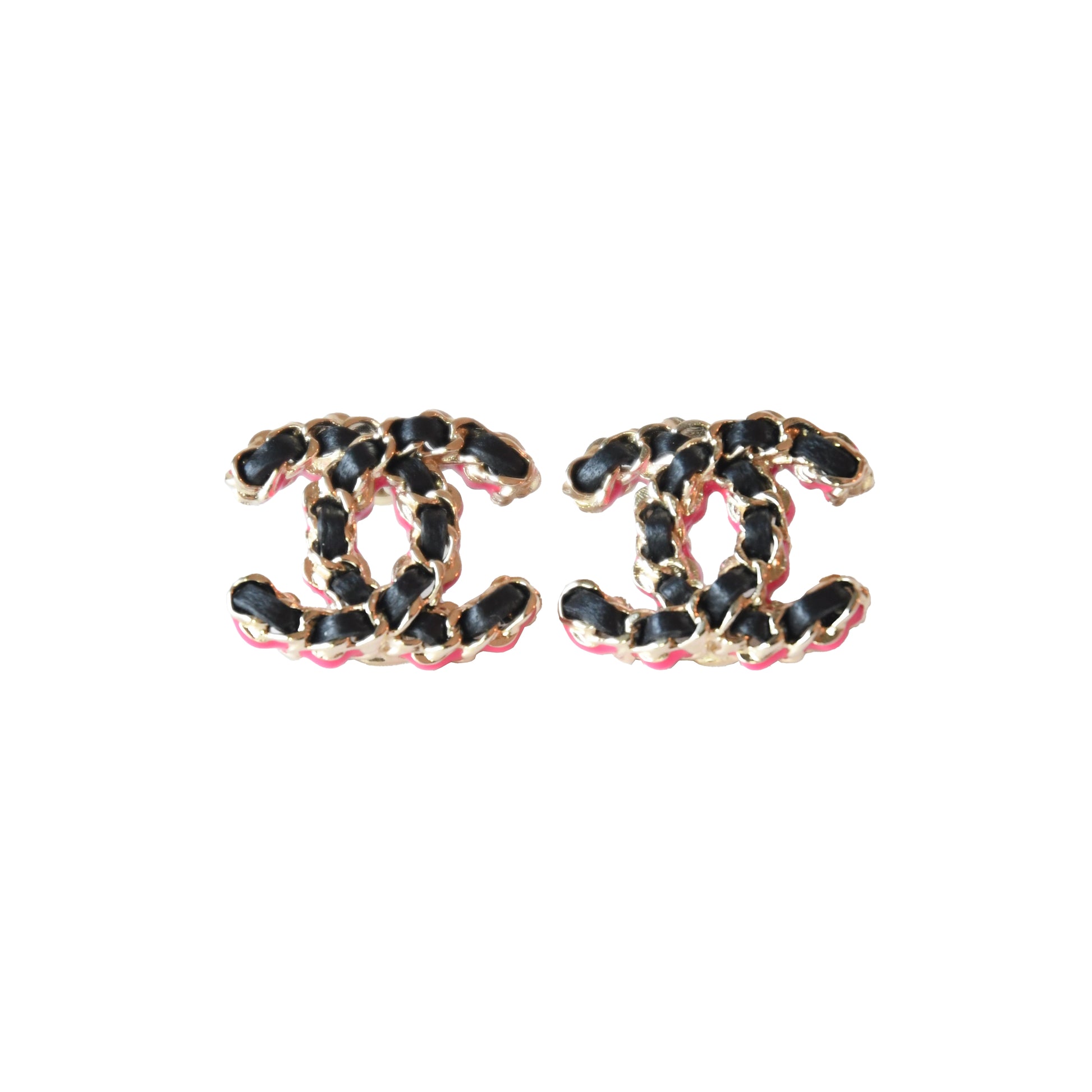 Chanel Leather CC Chain Stud Earrings Black Gold Pink-NOBLEMARS