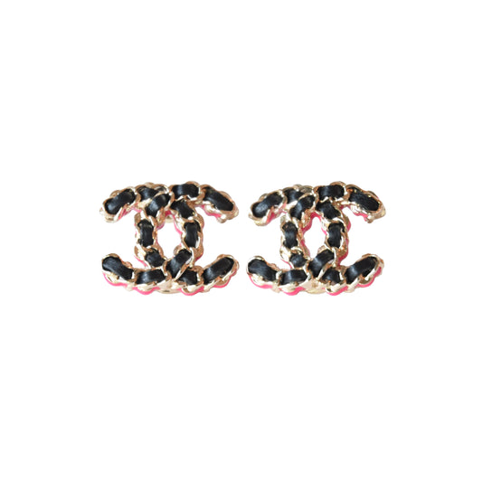 Chanel Leather CC Chain Stud Earrings Black Gold Pink-NOBLEMARS