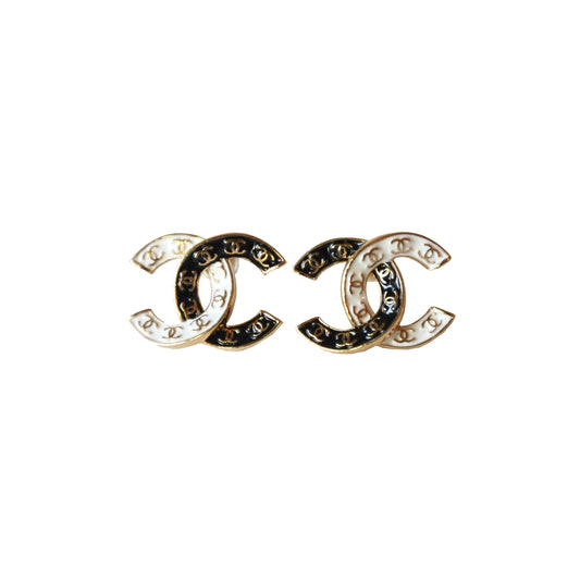 Chanel Two Tone CC Enamel Stud Earrings Gold Black White-NOBLEMARS