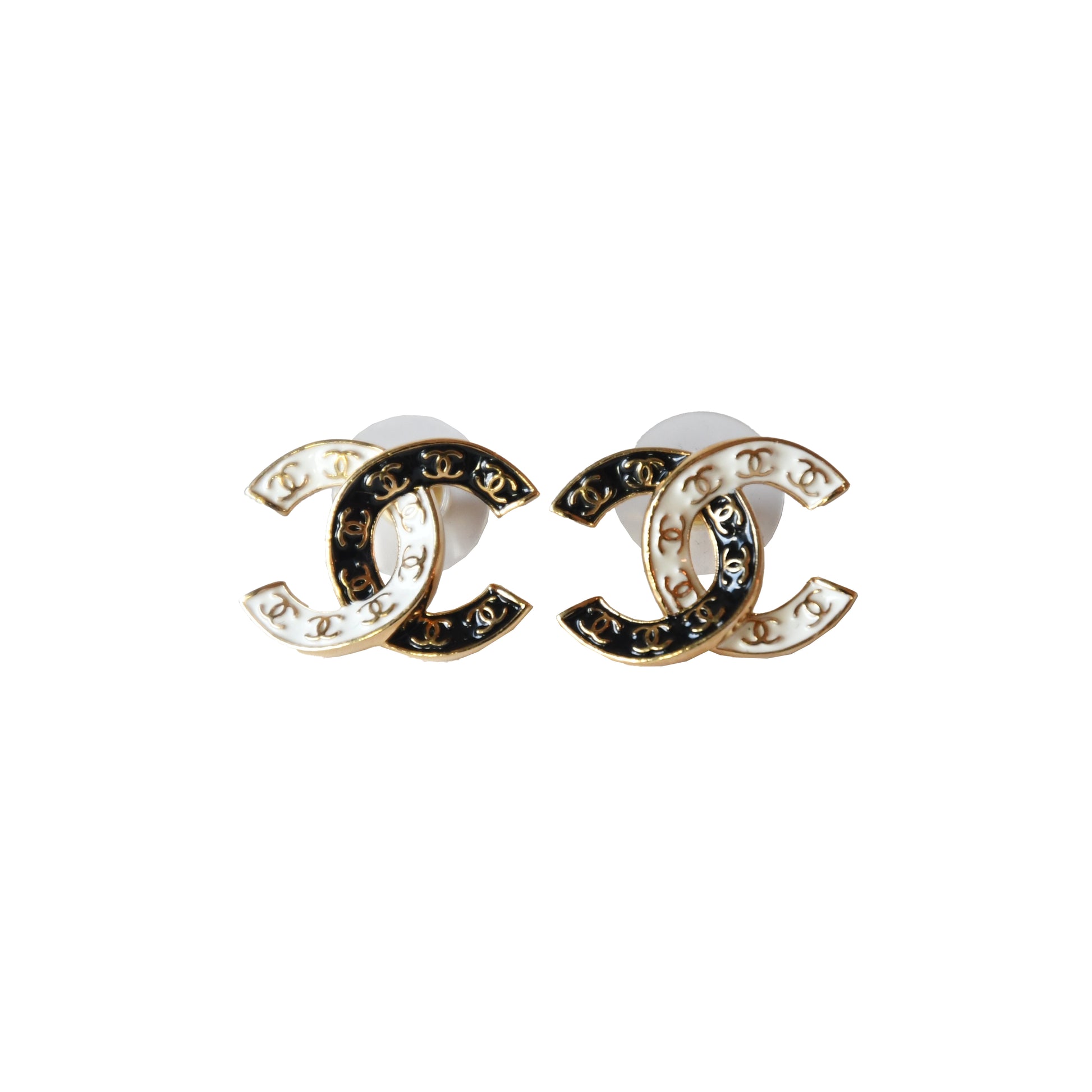 Chanel Two Tone CC Enamel Stud Earrings Gold Black White-NOBLEMARS