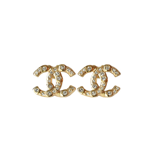 Chanel CC Crystal Strass Stud Earrings Gold-NOBLEMARS