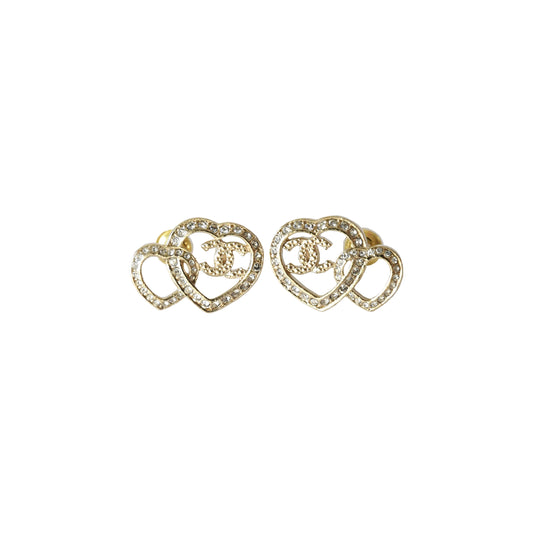 Chanel 23B CC Crystal Metal Double Heart Stud Earrings Gold-NOBLEMARS