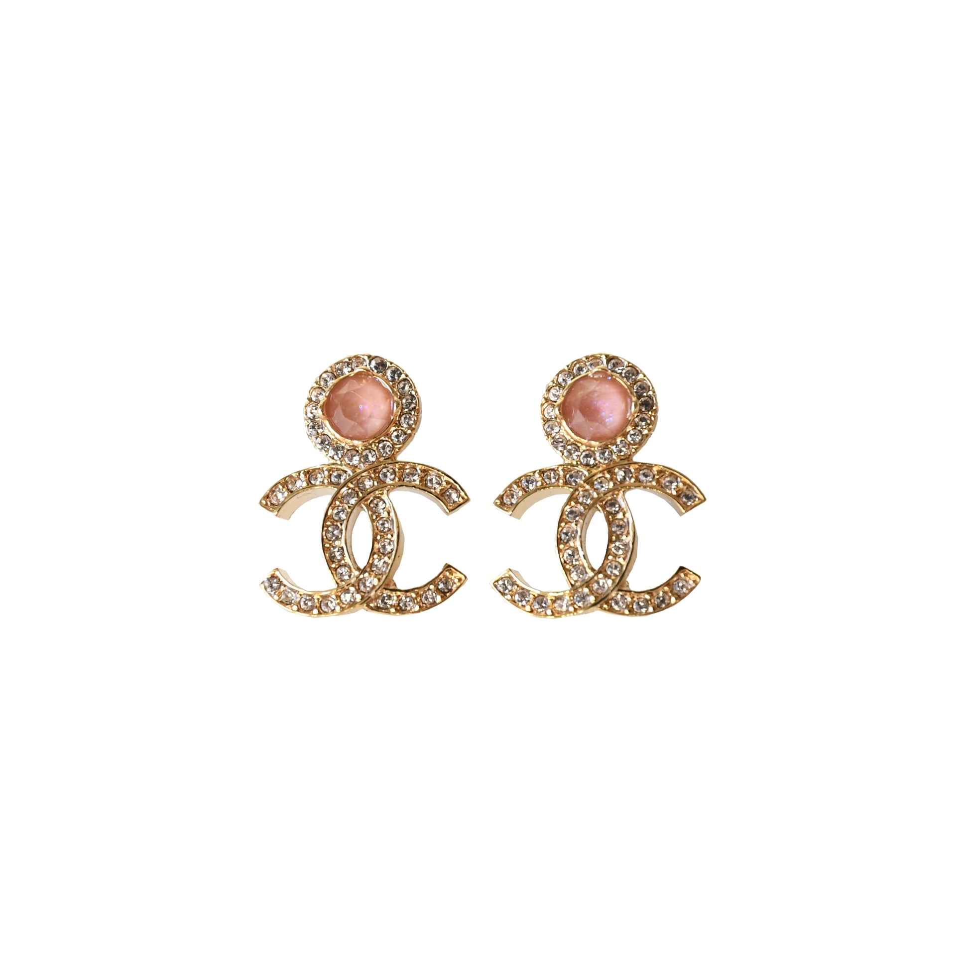 Chanel 23B Pink Crystal Strass CC Logo Stud Earrings Gold-NOBLEMARS