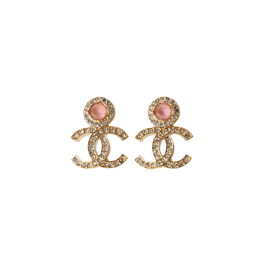 Chanel 23B Pink Crystal Strass CC Logo Stud Earrings Gold-NOBLEMARS