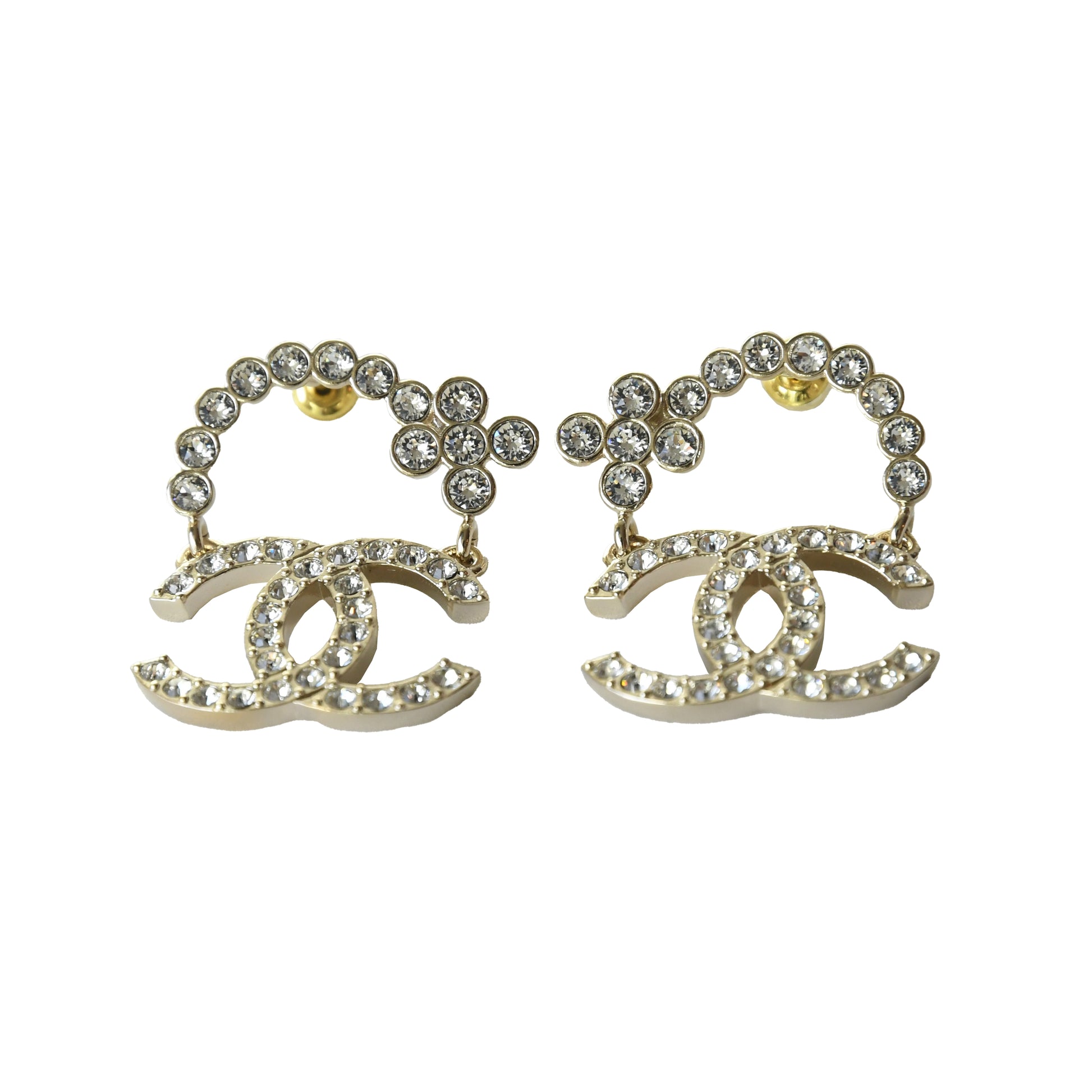 Chanel CC Flower Crystal Strass Stud Earrings Gold-NOBLEMARS