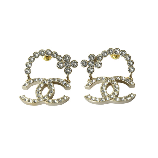 Chanel CC Flower Crystal Strass Stud Earrings Gold-NOBLEMARS