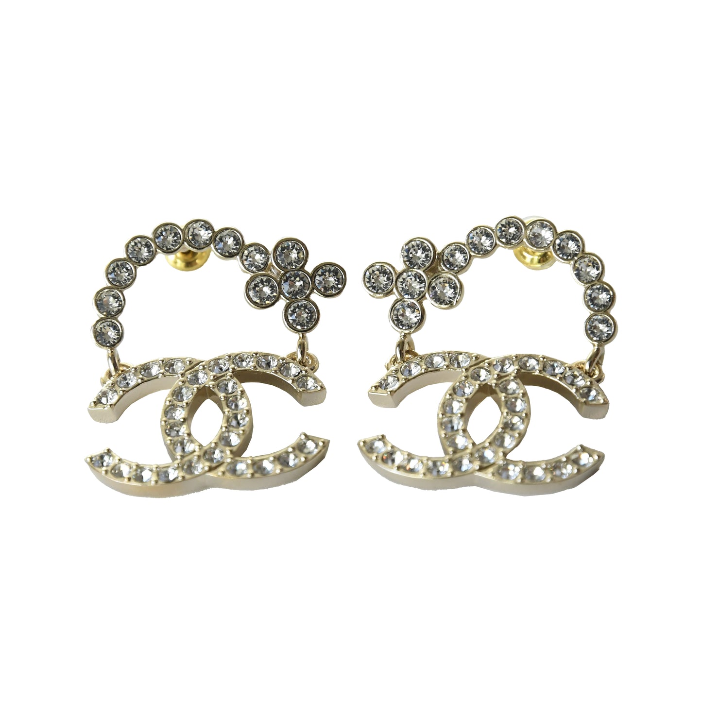 Chanel CC Flower Crystal Strass Stud Earrings Gold-NOBLEMARS