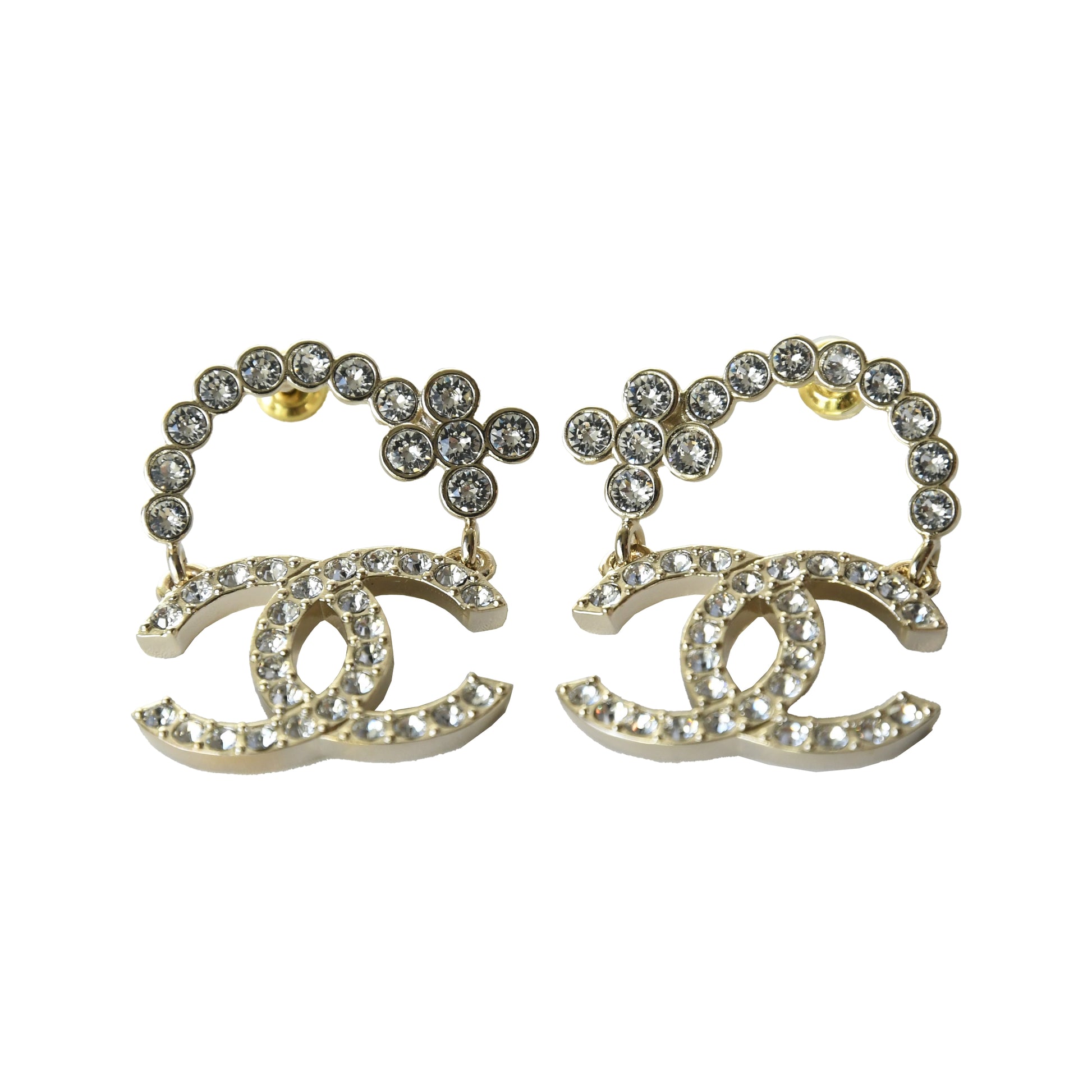 Chanel CC Flower Crystal Strass Stud Earrings Gold-NOBLEMARS