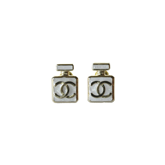 Chanel 25P CC Enamel Perfume Bottle Stud Earrings White-NOBLEMARS