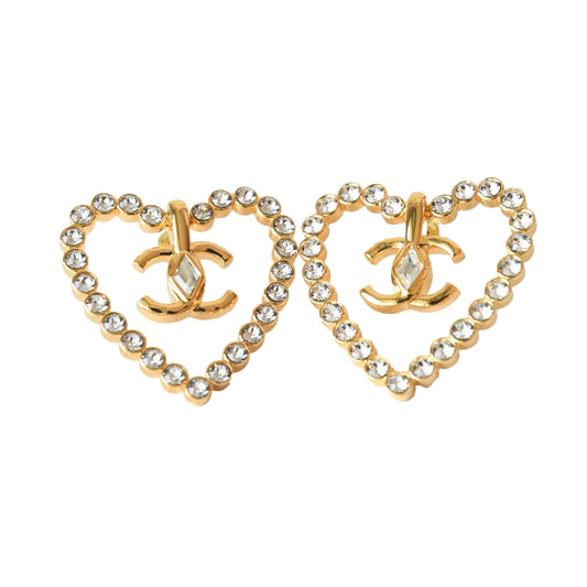 Chanel CC Crystal Strass Heart Stud Earrings Gold
