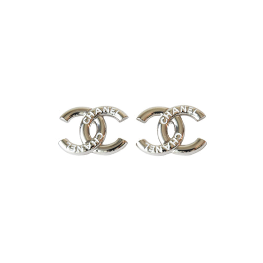 Chanel 25C Metal CC Engraved Stud Earrings Silver-NOBLEMARS