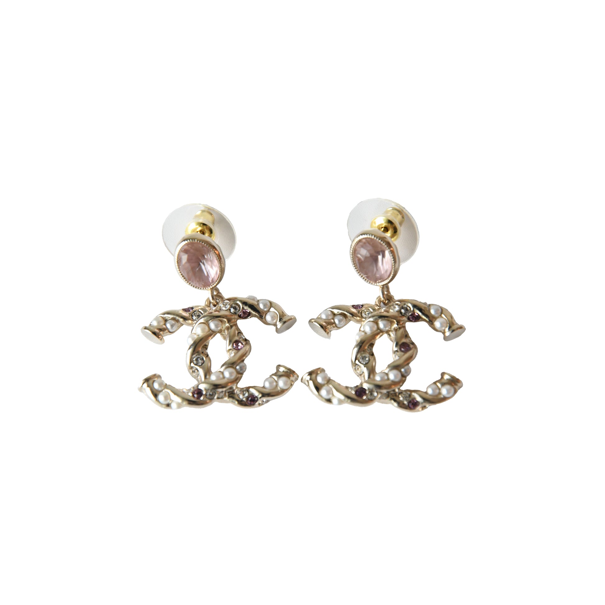 Chanel 23B CC Pink Crystal Strass Pearl Twist Stud Earrings Gold-NOBLEMARS