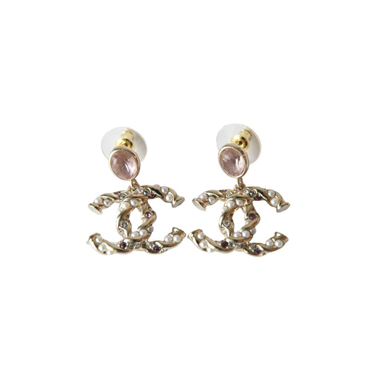 Chanel 23B CC Pink Crystal Strass Pearl Twist Stud Earrings Gold-NOBLEMARS