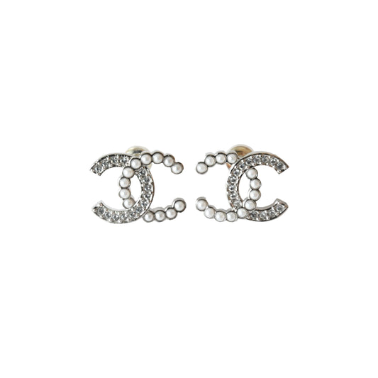 Chanel CC Crystal Strass Pearl Pierced Stud Earrings Silver-NOBLEMARS