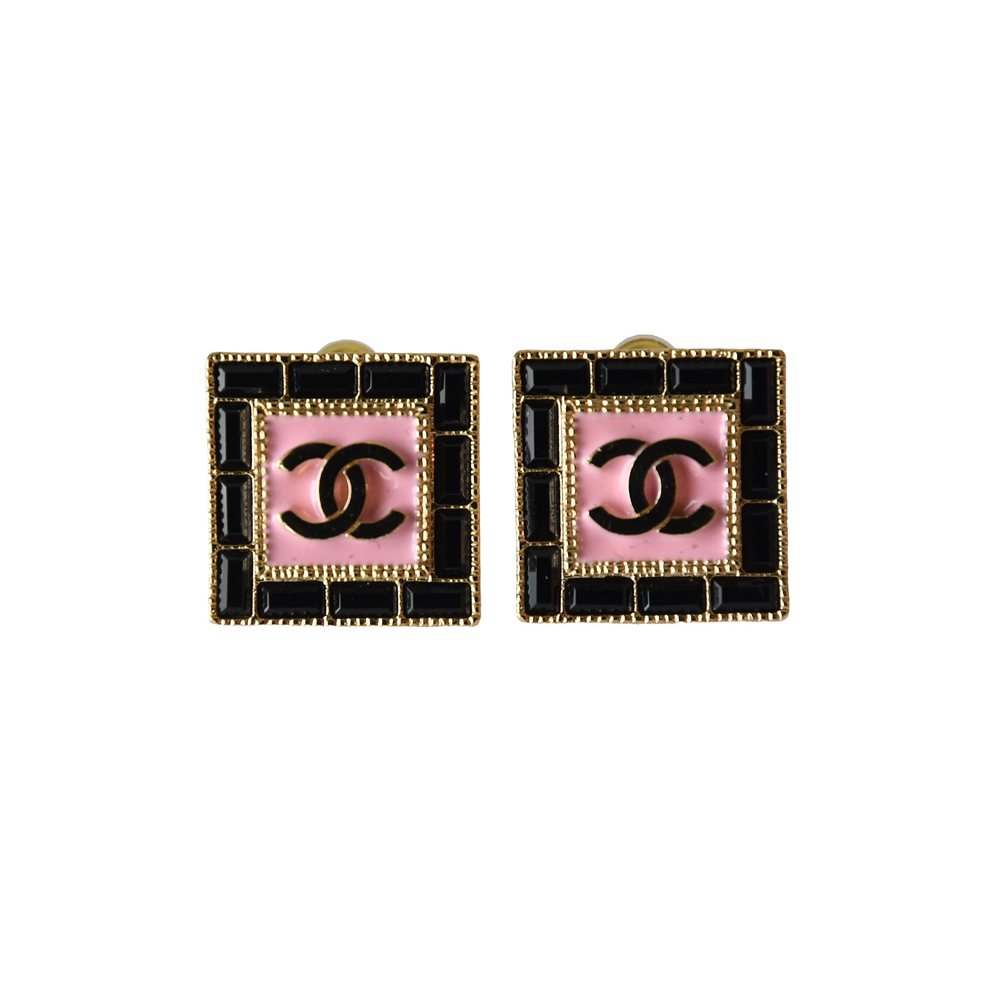 Chanel CC Resin Square Stud Earrings Black Pink Gold-NOBLEMARS