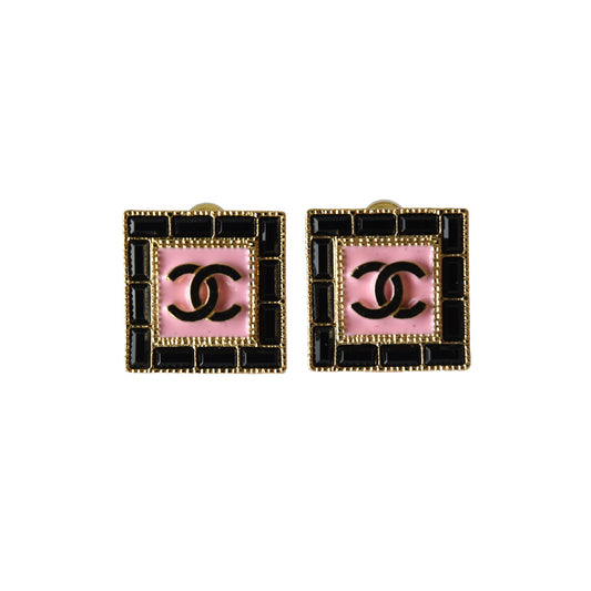 Chanel CC Resin Square Stud Earrings Black Pink Gold-NOBLEMARS
