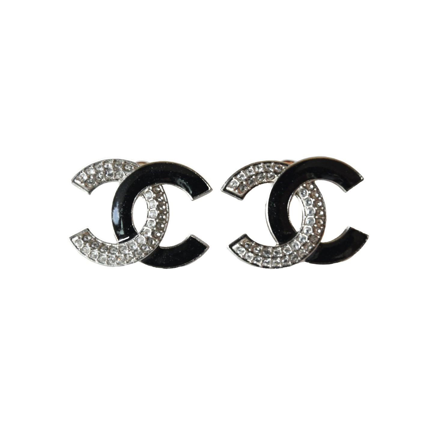CHANEL CC 2 Tone Crystals Strass Enamel Stud Earrings Silver Black-NOBLEMARS