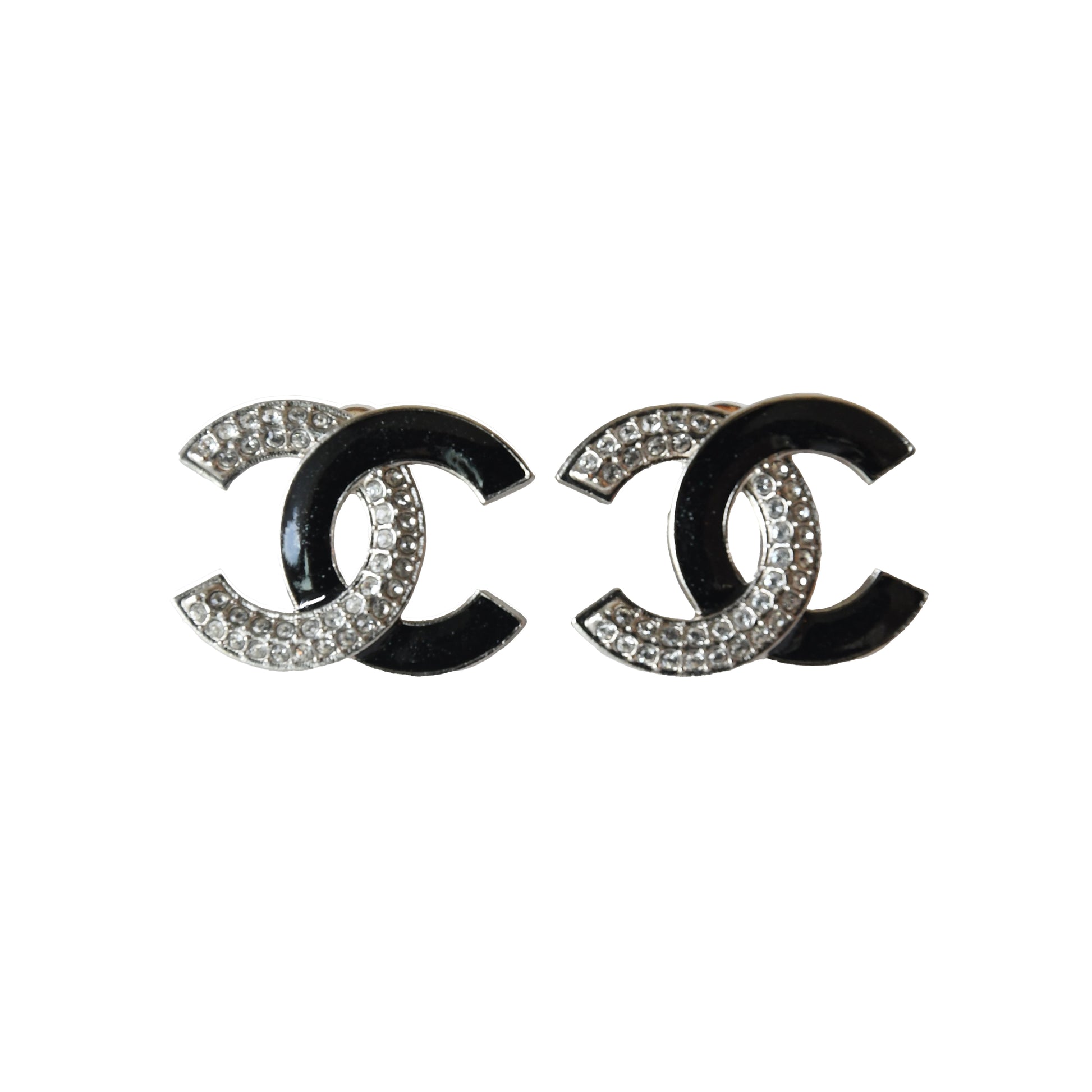 CHANEL CC 2 Tone Crystals Strass Enamel Stud Earrings Silver Black-NOBLEMARS