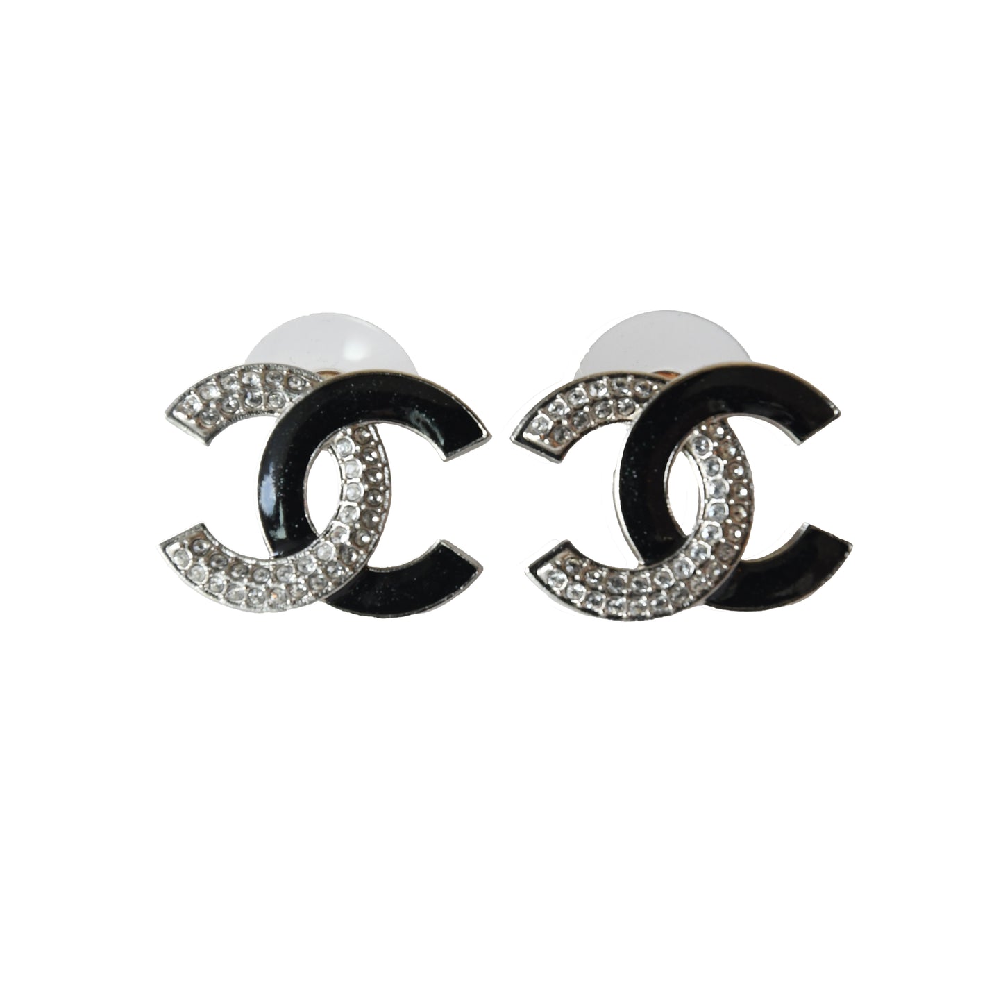 CHANEL CC 2 Tone Crystals Strass Enamel Stud Earrings Silver Black-NOBLEMARS