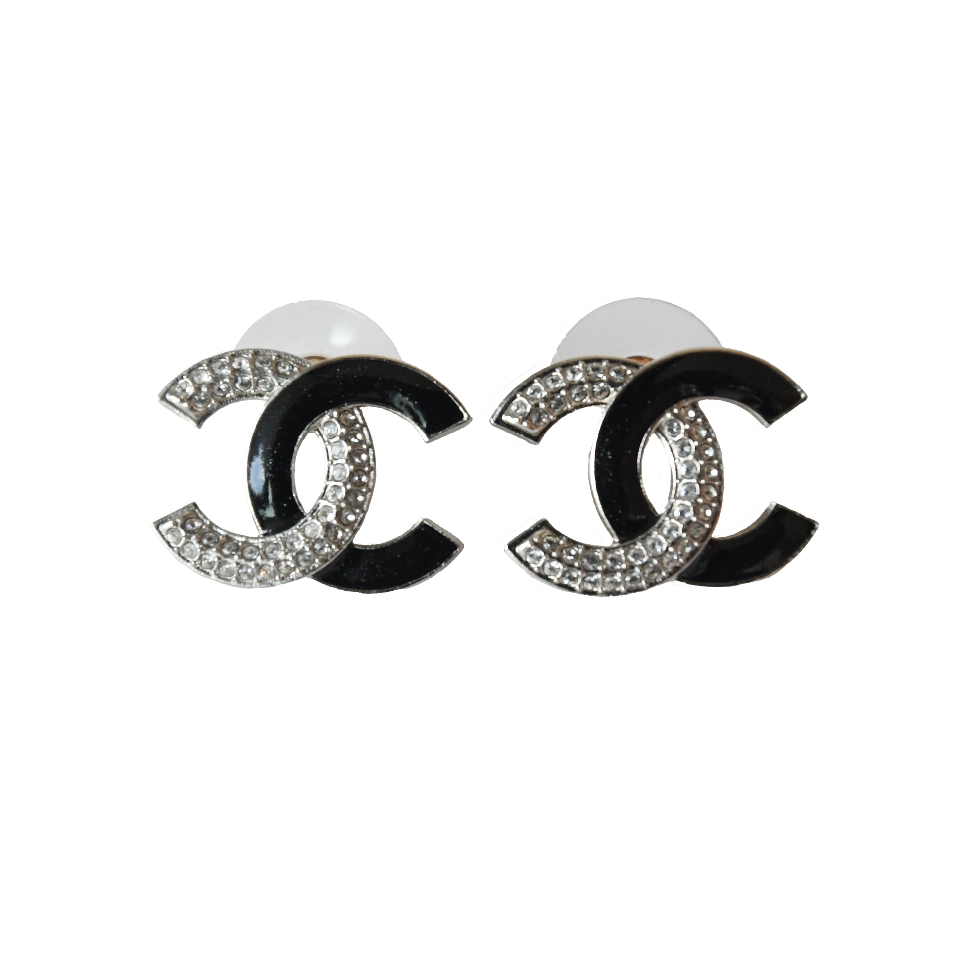 CHANEL CC 2 Tone Crystals Strass Enamel Stud Earrings Silver Black-NOBLEMARS
