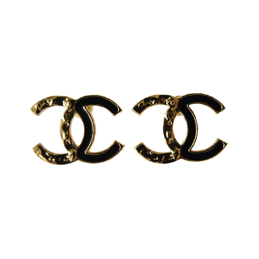 Chanel 24C CC Stud Earrings Metal with Enamel Black Gold-NOBLEMARS