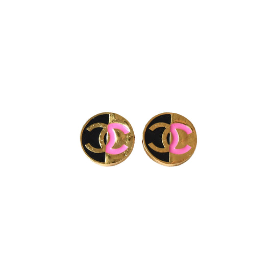 Chanel CC Metal Enamel Round Earrings Gold Pink Black-NOBLEMARS