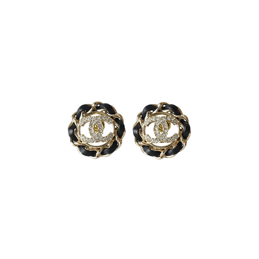 Chanel CC Crystal Strass Black Lambskin Chain Round Earrings Gold-NOBLEMARS
