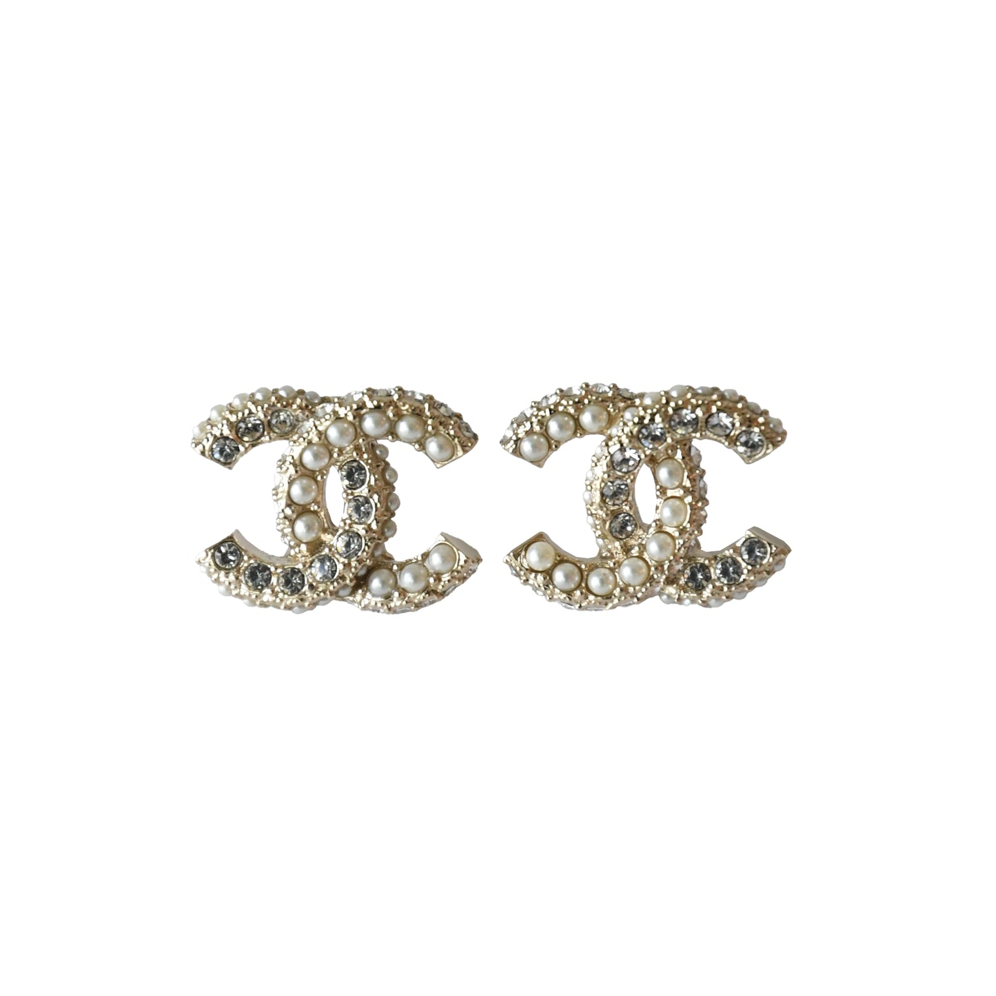 Chanel CC Pearl Crystal Strass Stud Earrings Gold-NOBLEMARS