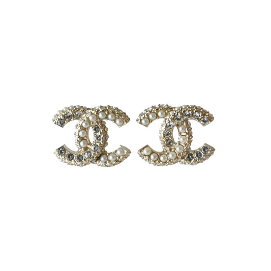 Chanel CC Pearl Crystal Strass Stud Earrings Gold-NOBLEMARS