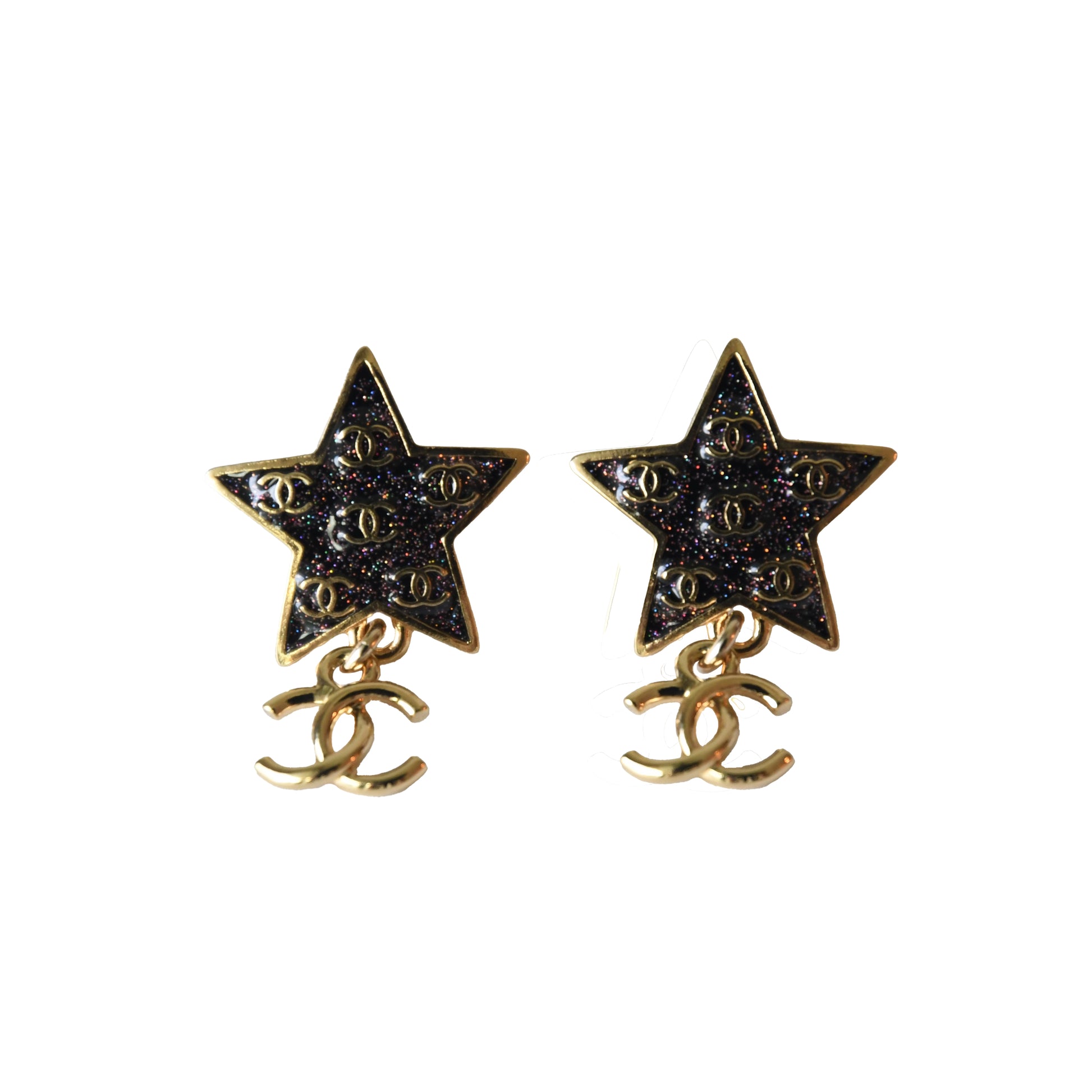 Chanel Black Star Shape Pendant CC Logo Earrings Gold-NOBLEMARS
