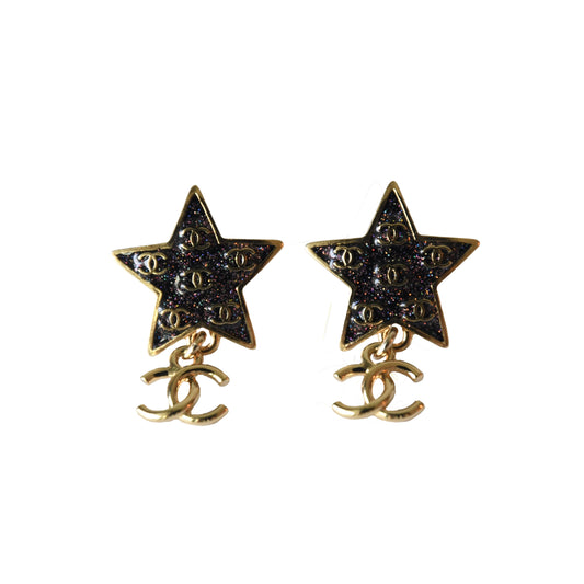 Chanel Black Star Shape Pendant CC Logo Earrings Gold-NOBLEMARS