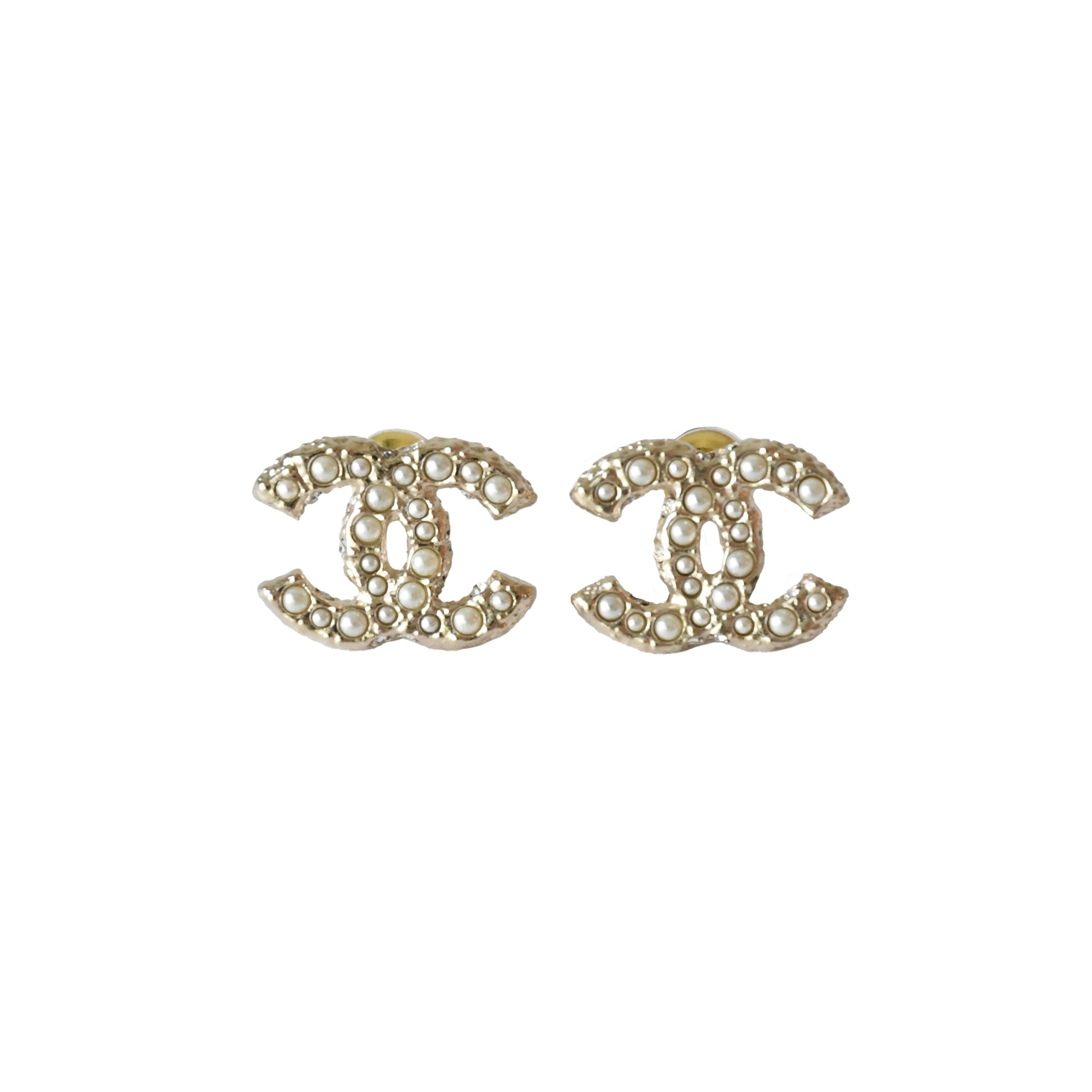 Chanel Pearl Side Crystal Strass CC Stud Earrings Light Gold-NOBLEMARS