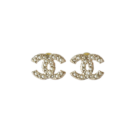 Chanel Pearl Side Crystal Strass CC Stud Earrings Light Gold-NOBLEMARS