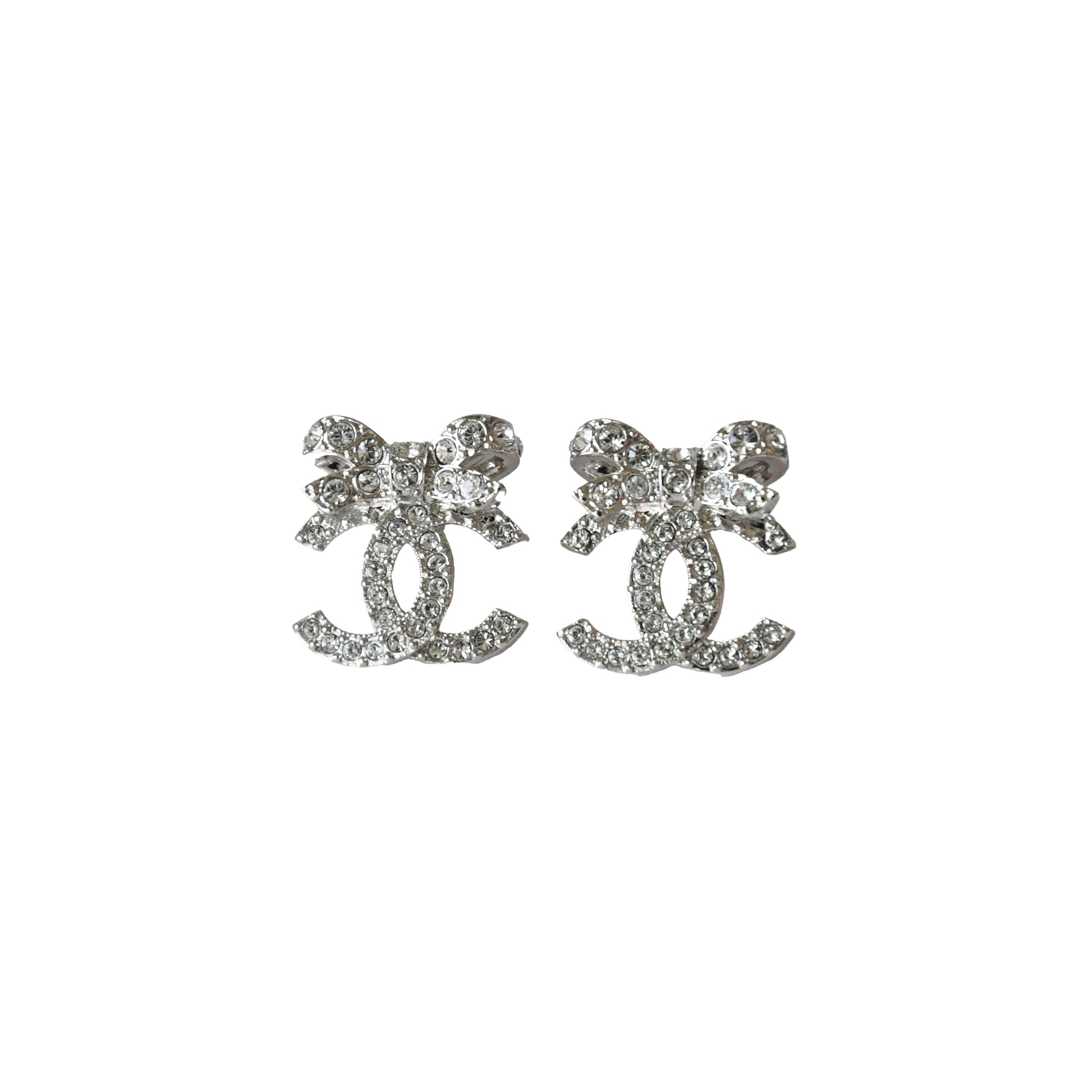 Chanel CC Crystal Strass with Ribbon Design Stud Earrings Silver-NOBLEMARS