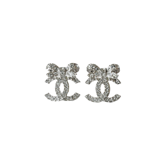 Chanel CC Crystal Strass with Ribbon Design Stud Earrings Silver-NOBLEMARS