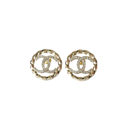 Chanel 23B CC Crystal Strass Twist Round Earrings Gold-NOBLEMARS